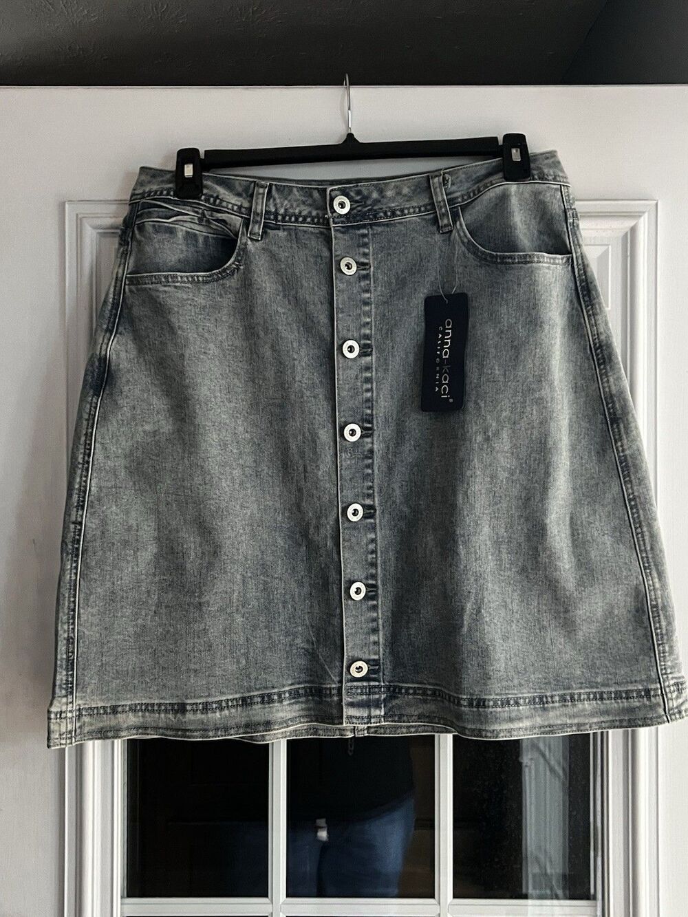 Anna-Kaci Denim Faded A-Line Button Front Mini Jean Skirt Women’s Large NWT